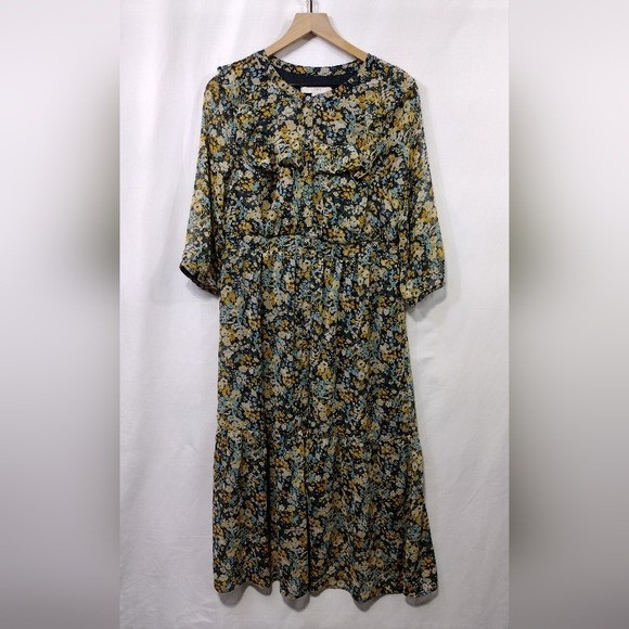 Loft Petite Floral Ruffle Midi Shirtdress Women's LP Multicolor Cottagecore