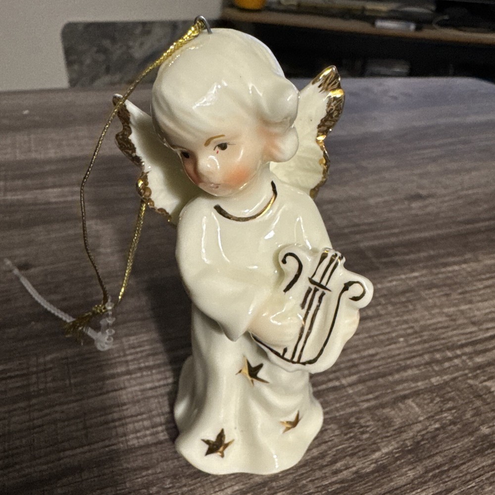 Vintage Porcelain Angel Ornament And A Harp With Gold Trim