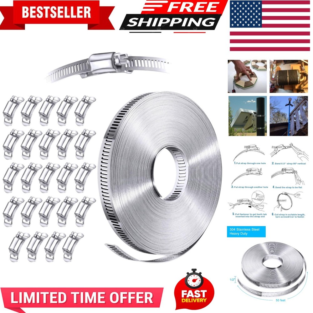 Durable 50 FT Stainless Steel Hose Clamp Set for Custom Sizes - 24 Fasteners