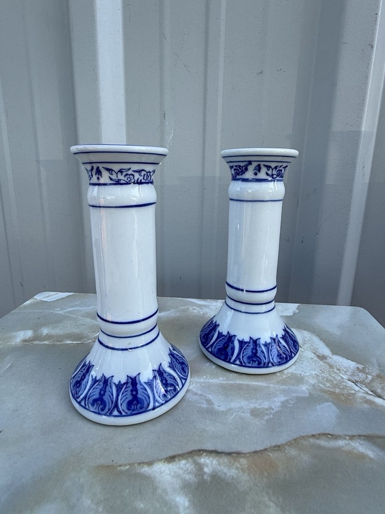 Blue and White Ceramic Candlestick Holders Pair 6.5