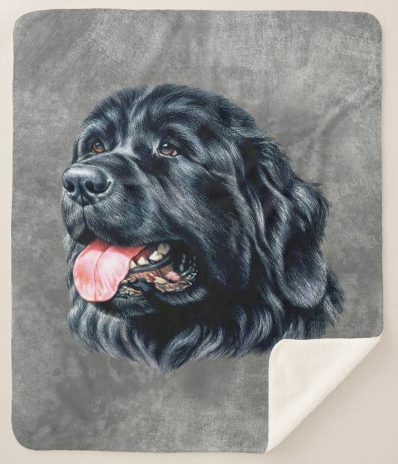 Newfoundland Newfie Dog Breed Portrait Art Gray Sherpa Fleece Throw Blanket