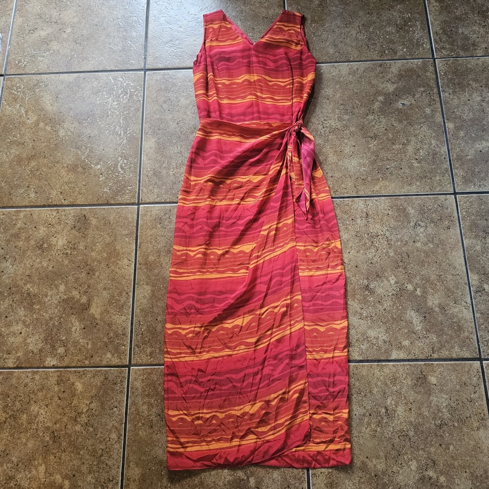 Vintage Spenser Jeremy 100% Silk  Maxi Dress Faux Wrap Sleeveless Wavy Womens 4