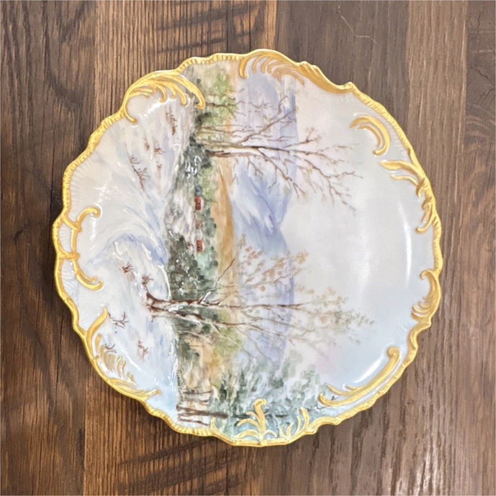 Porcelain Scalloped Decorative Plate Gold Trim Landscape Scene Round Glossy