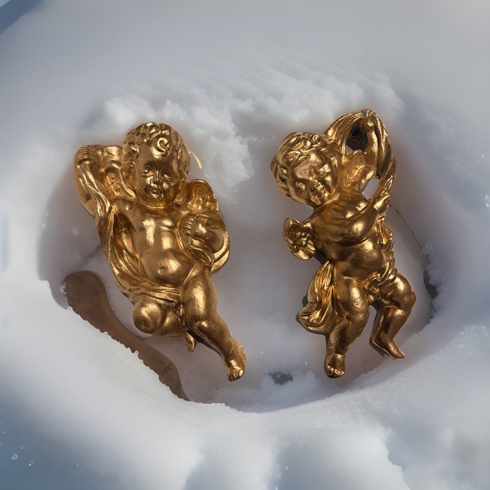 Vintage Golden Cherub Angel Wall Plaques Hanging Decorative Pair