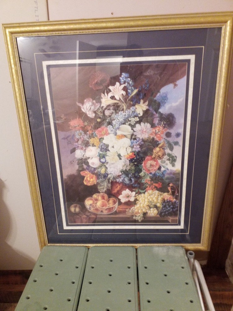 Vtg Homco Home Interiors  Blue Floral Fruit Picture Gold Ornate Frame Rare