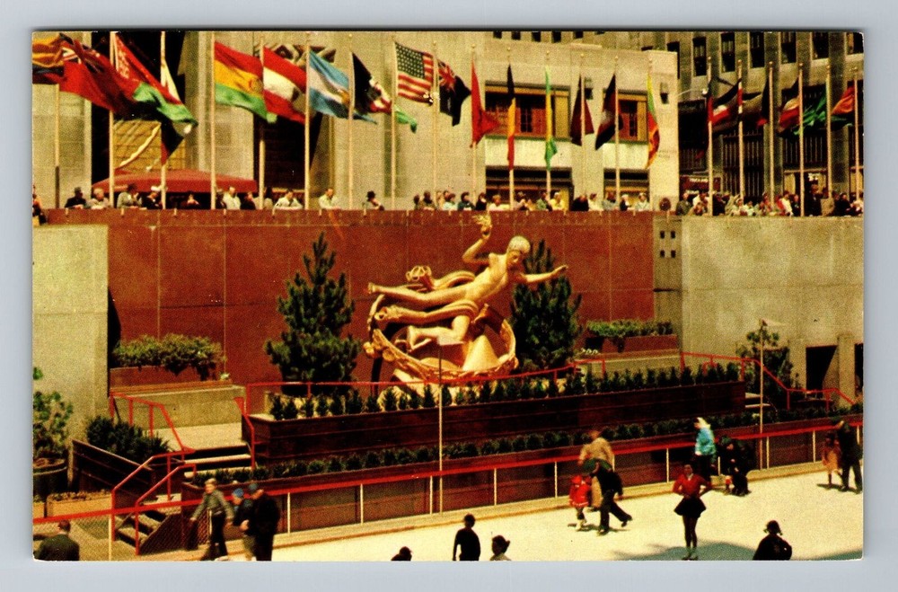 New York City NY, Rockefeller Center, Skating Rink, Vintage Postcard