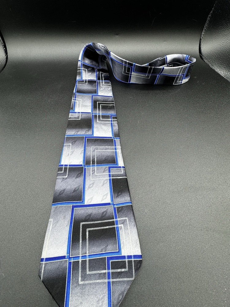George Mens Necktie Black Gray Blue Geometric Squares Pattern Tie 100% Silk