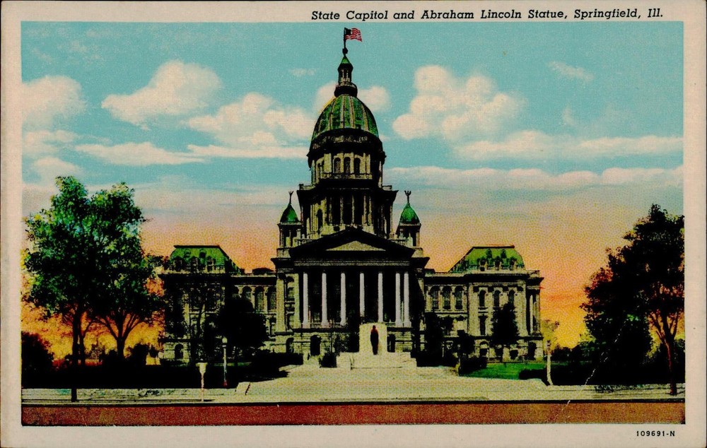 Curteich State Capitol and Abraham Lincoln Statue Springfield IL Postcard Unused