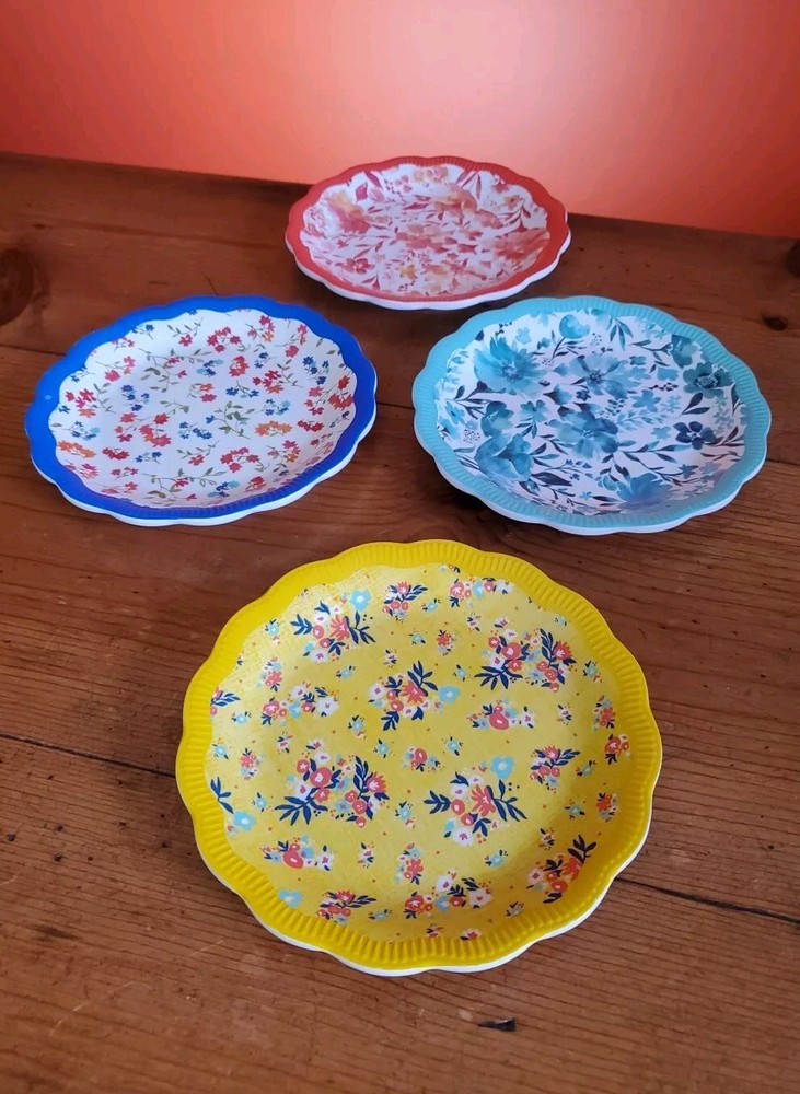 Set Of 4 Pioneer Woman Colorful Floral Melamine Appetizer/Dessert Plates 6 1/2