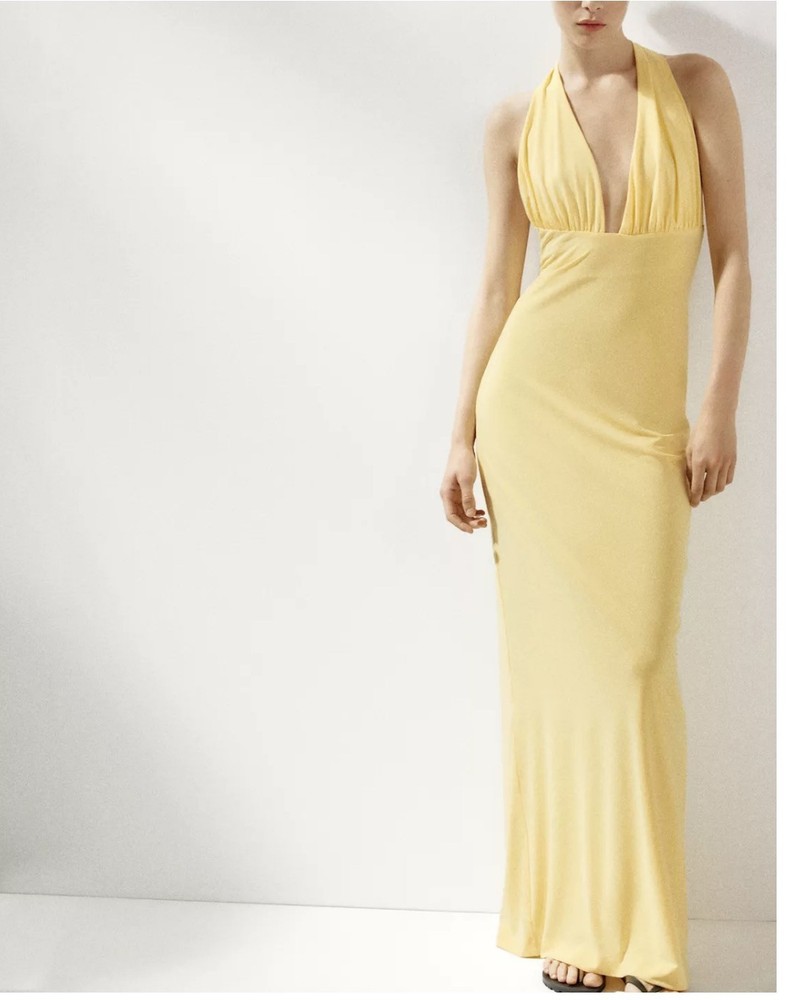 ZARA Yellow Halter Neck Plunging V Neck Maxi Dress Flowy Slit Size S