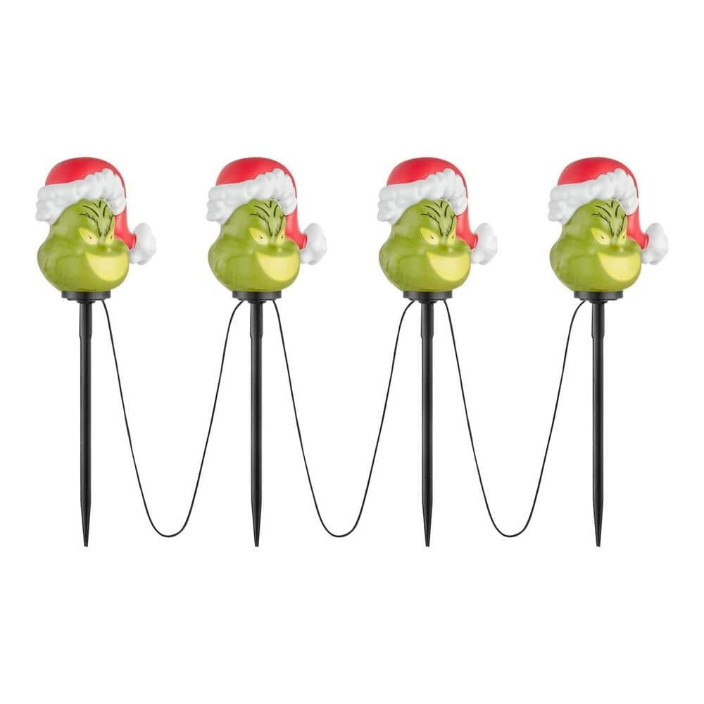 Grinch Christmas LED Pathway Stakes with Santa Hat - 4 Pack Battery Operated