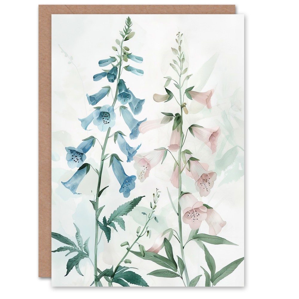Greeting Card Pink Blue Foxglove Flowers Modern Watercolour Blank Birthday