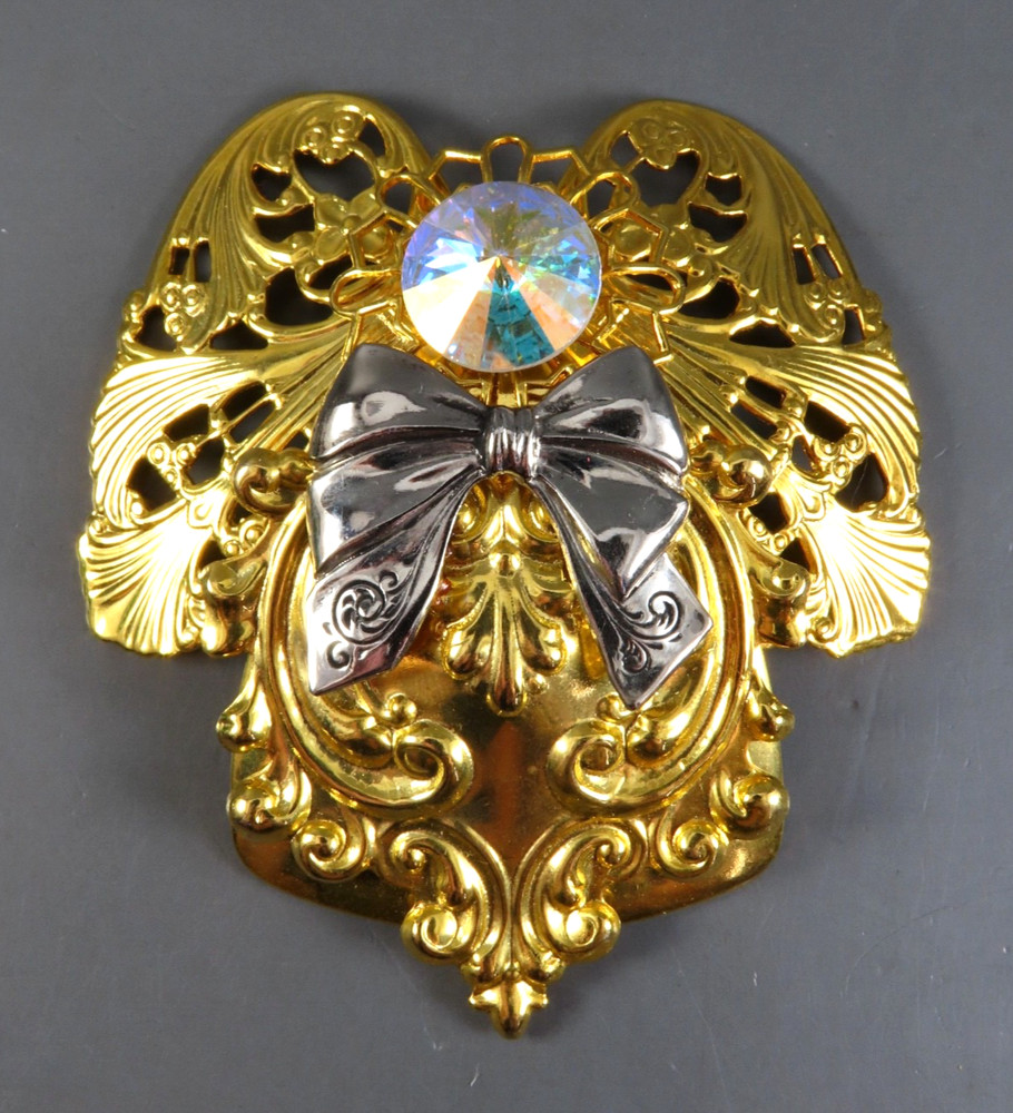 VTG BIG GOLD ANGEL BROOCH PIN Signed Jane CLEAR AB RIVOLI RHINESTONE Silver Bow
