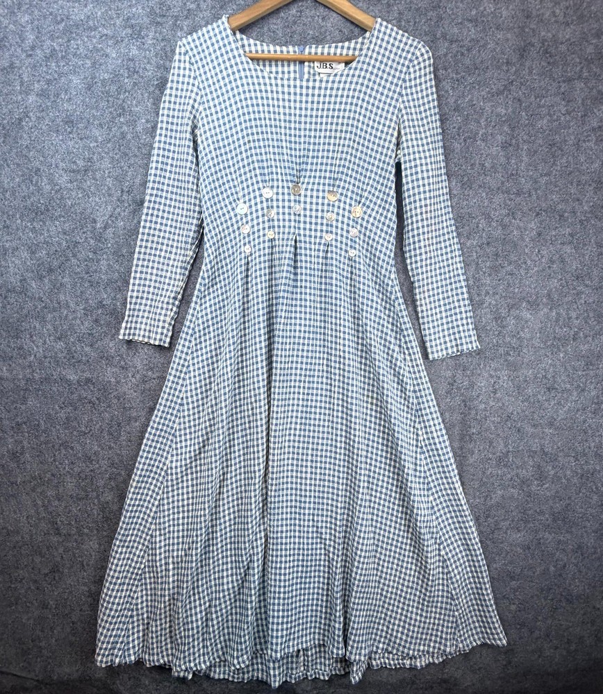 Vintage Jbs Dress Womens 8 Blue White Gingham Folk Country Cottage Soft 70s