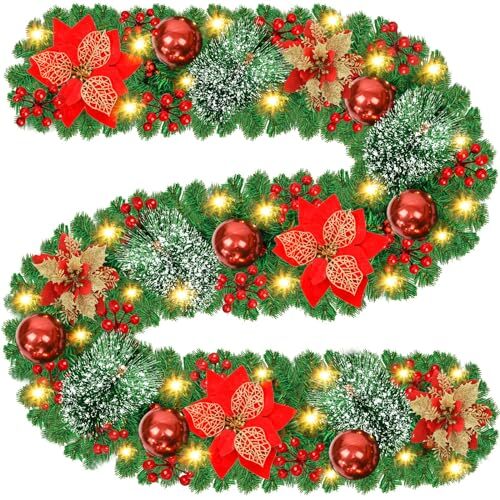 Prelit Artificial Christmas Garland,9FT Christmas Wreath for Christmas Red