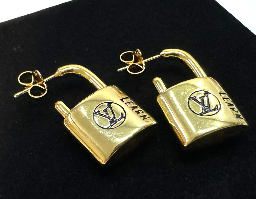 Louis Vuitton Style Padlock Gold Tone Pierced Earrings Jewelry Lot I