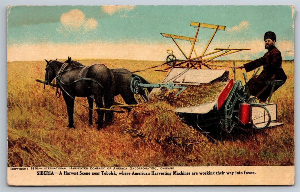 Horse Drawn Wheat Harvest Machine Tobolsk Siberia Russia 1910 Postcard P6
