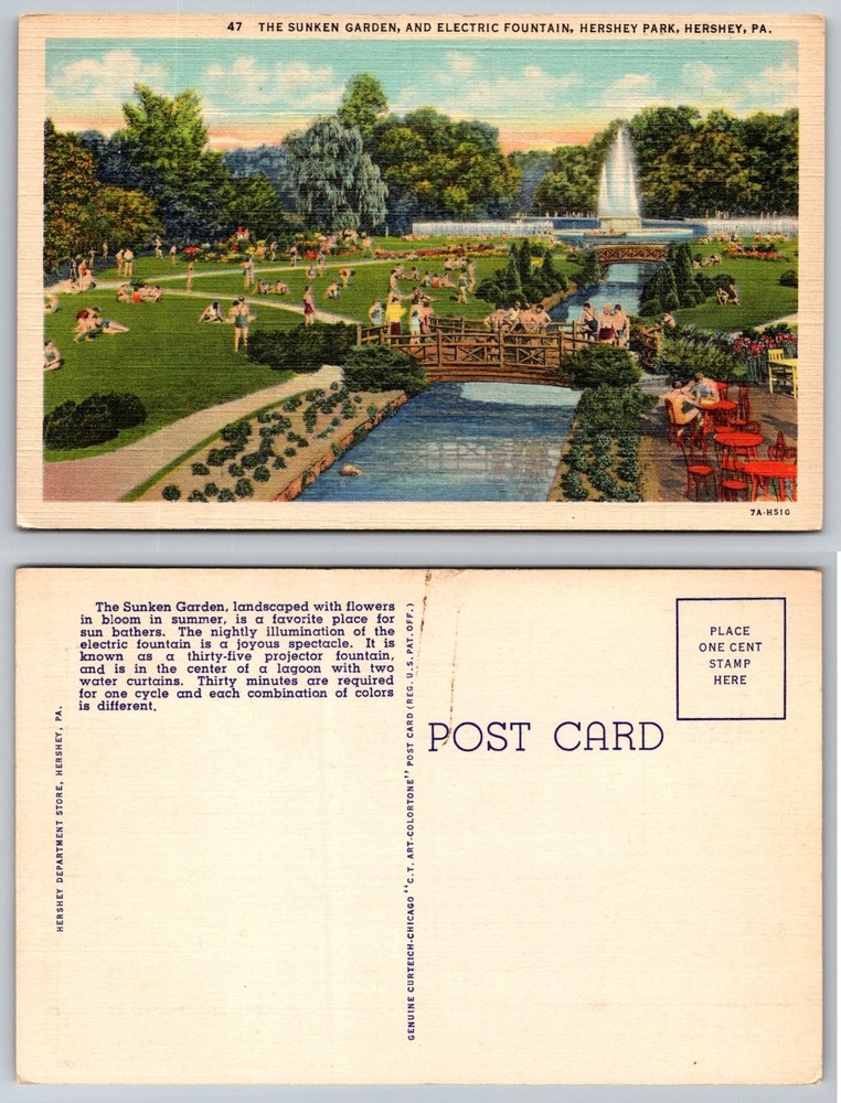 Hershey Park Sunken Garden Electric Fountain PA Linen Postcard 1930s
