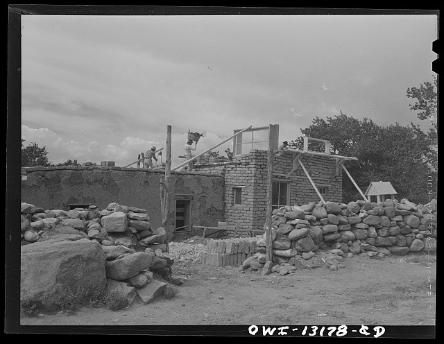 Photo:1930s Pueblo Stone Adobe House Construction Workers