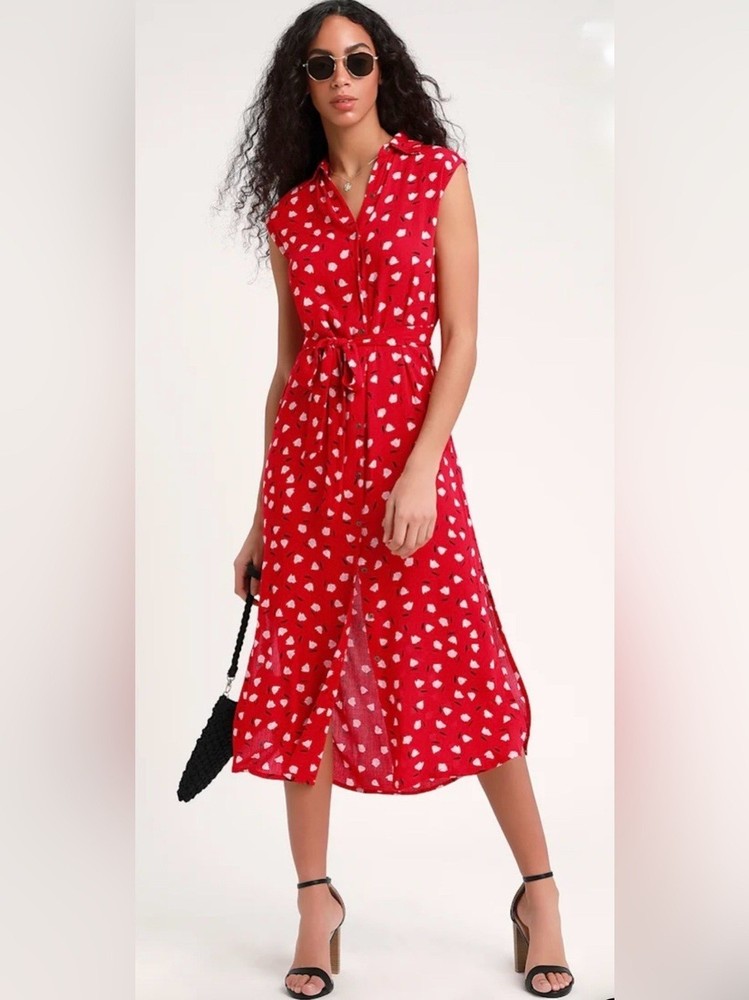 Billabong Little Flirt Red Floral Button Front Midi Shirt Dress Tie Waist Boho S