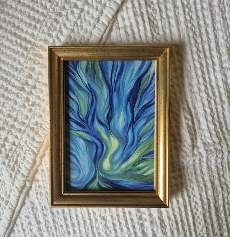 Glowing Original Abstract Green and Blue Art Print Framed and Signed by Artist