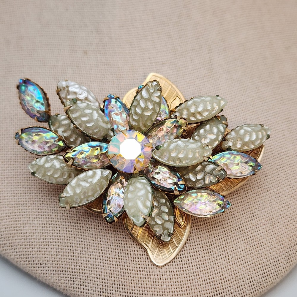 Vtg 3D Molded Glass Floral Spray AB Navette Iridescent Brooch Gold Tone 1950s