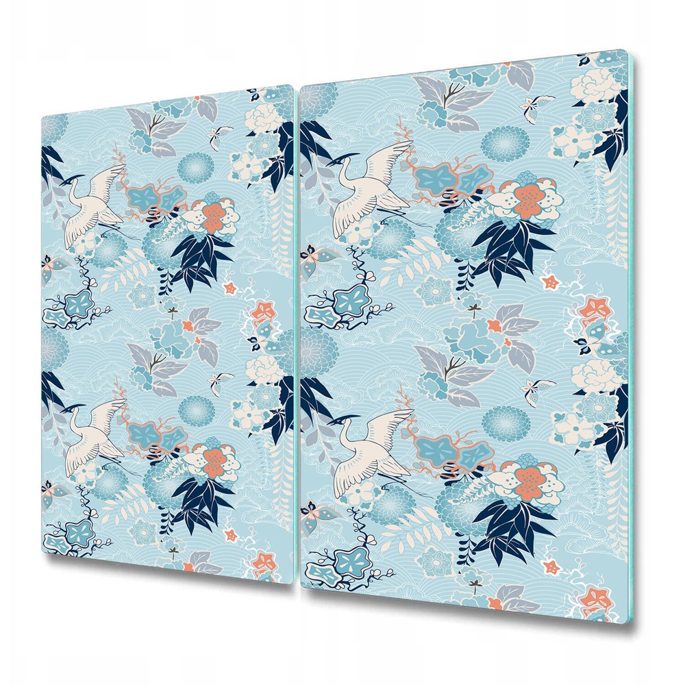Glass Worktop Saver Chinoiserie Crane & flowers blue Oriental Floral 2x30x52