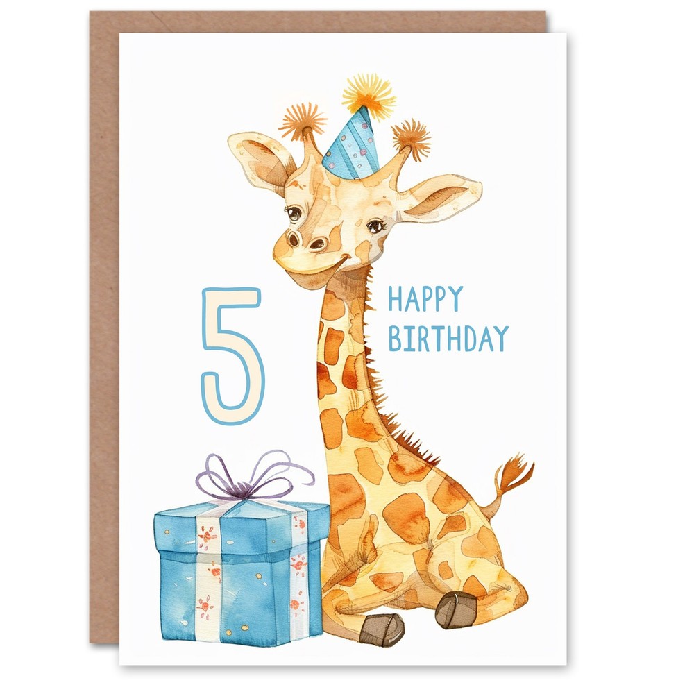 5th Birthday Card Cute Giraffe Party Hat Cartoon Fun Kids Age 5 Year Old Child