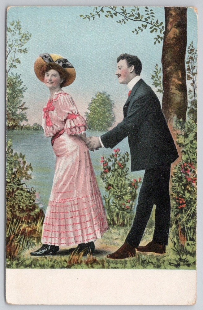 Vintage Edwardian Romance Postcard Couple Holding Hands by Lake Scenic Fashion