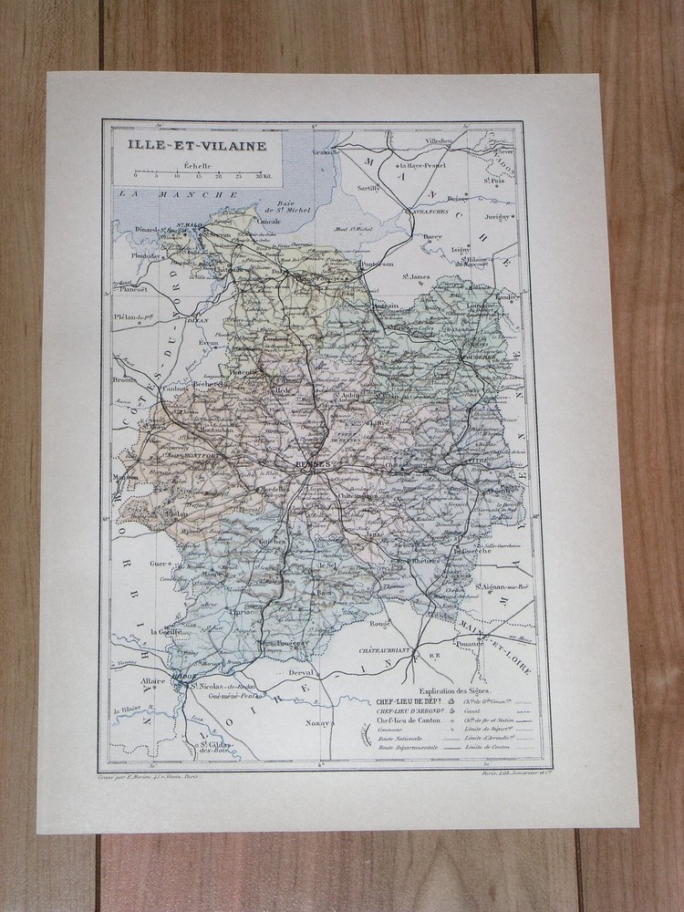 1887 Antique Original Map Of Department Of Ille-Et-Vilaine Rennes / France