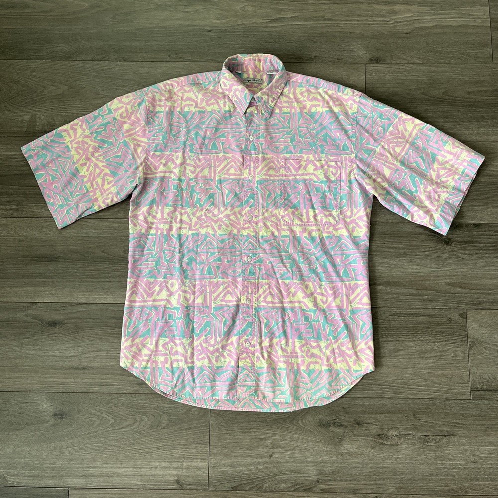 VTG Bugle Boy Hawaiian Shirt Mens XL Pastel Multicolor Modern Print