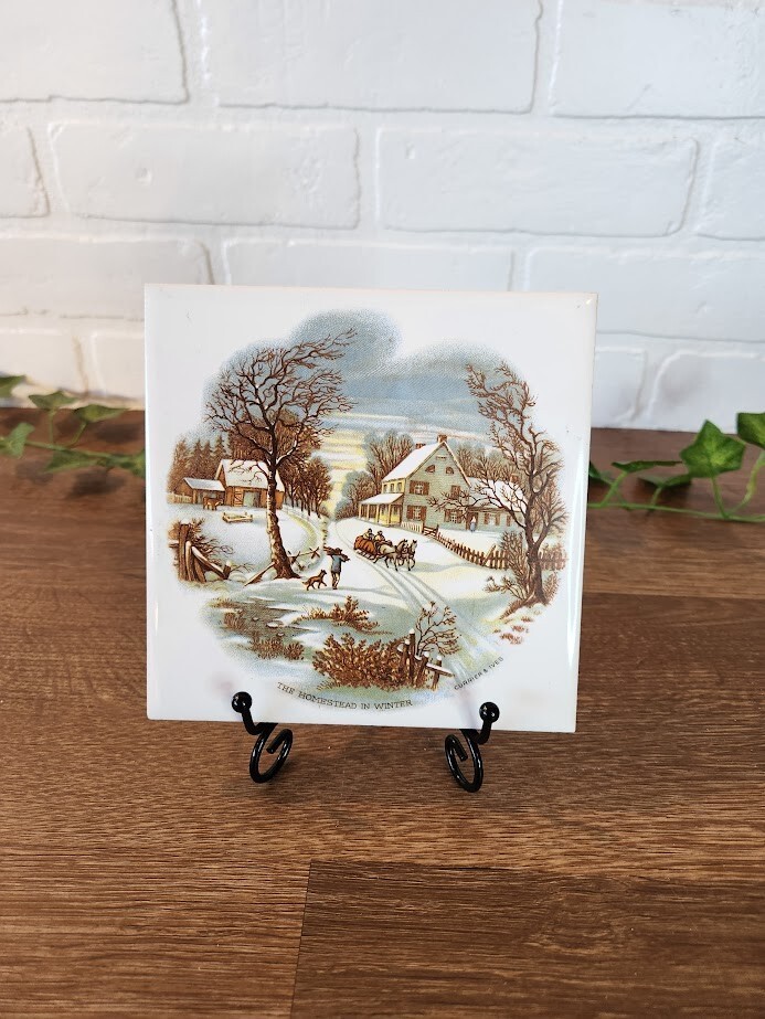 Currier & Ives The Homestead In Winter Square Ceramic Tile Trivet Wall Hanging