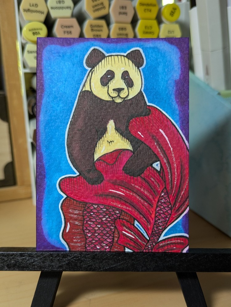 ACEO Original Art Card - Mermaid Panda  - 2.5in x 3.5in