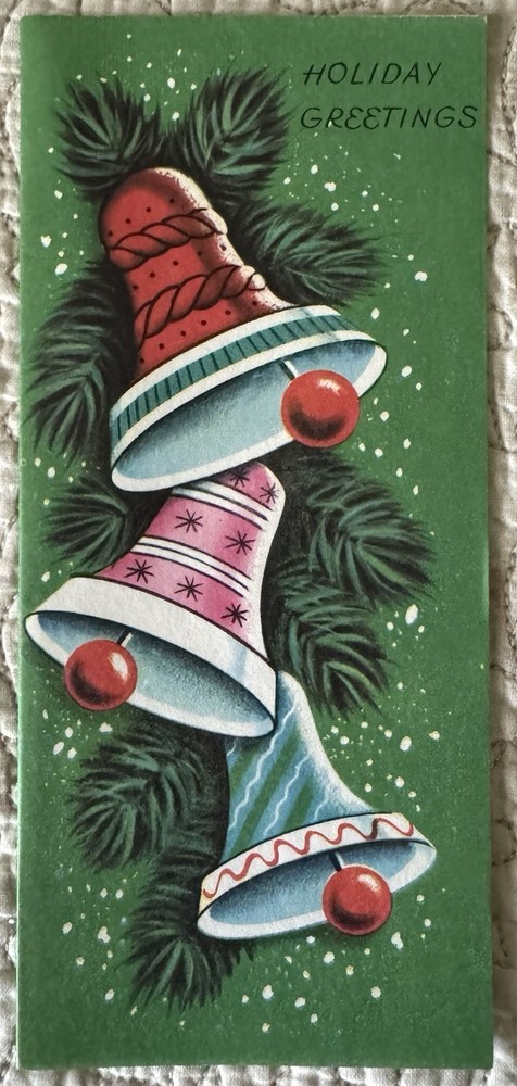 Unused Christmas Bells Red Pink Blue Snow Pine Vtg Paper Greeting Card 1950s