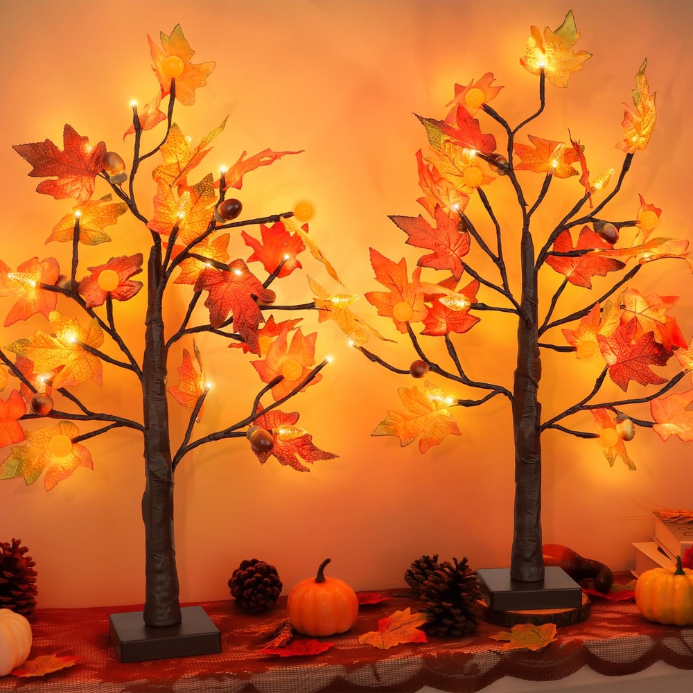 2Pack 24 Inch Prelit Maple Fall Tree Decor with 48 LED Timer Battery Lights  
