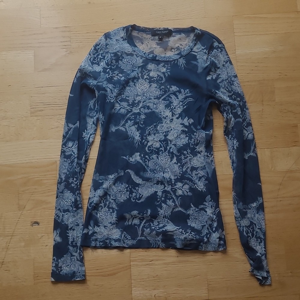 Karen Kane Women’s Blue Floral Scoop Neck Mesh Long SleeveTop M