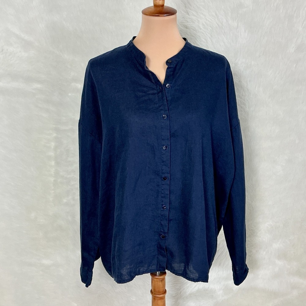 Eileen Fisher Blue Organic Linen Long Sleeve Band Collar Button Front Shirt L