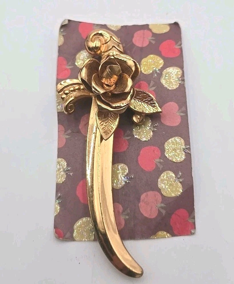 Vintage Gold Tone Rose Brooch Pin Long Stem Flower Floral Statement Costume...