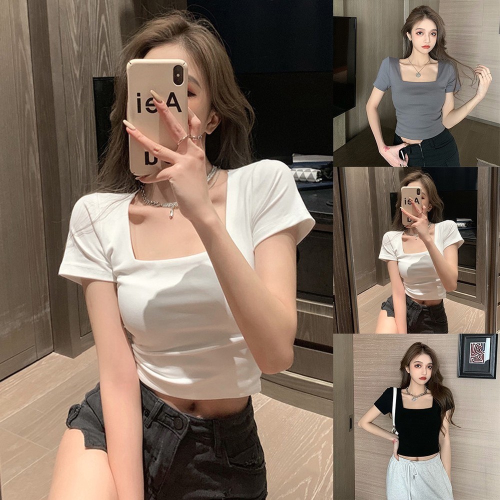 Women's Crop T Shirt with Square Neck Short Sleeve for Slim Fit Casual Solid Top