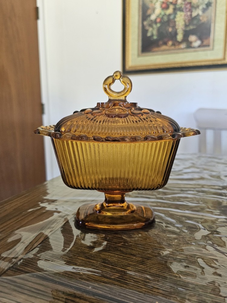 Indiana Glass Candy Dish, Pedestal Lidded Open Lace Edge Amber