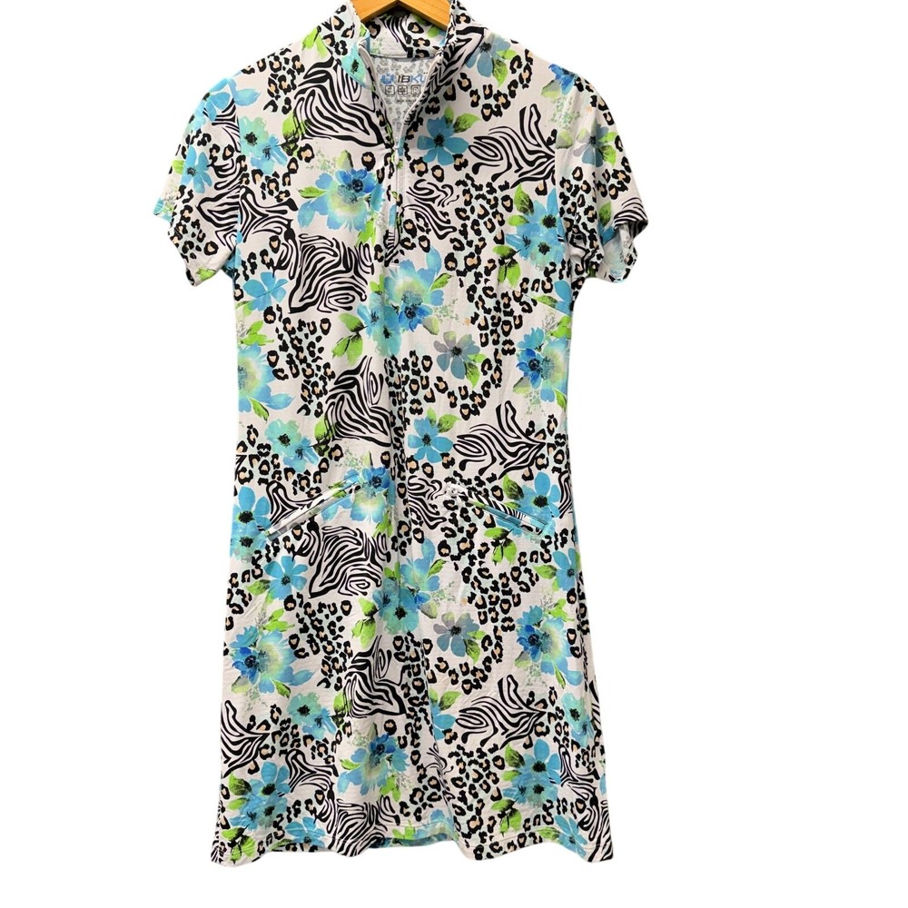 IBKUL Golf Dress Womens Medium Floral Short Sleeve 1/4 Zip + Pockets UPF 50+