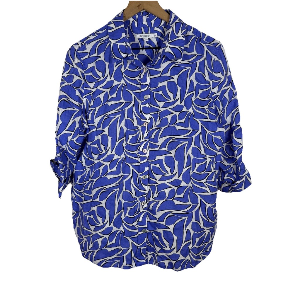 Chicos 100% Linen Blue White Button Up Blouse Size 2 (US 12) Beach Coastal
