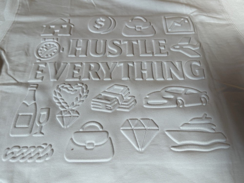 Hustle Everything Men's White Embossed Logo T-Shirt L Large Streetwear