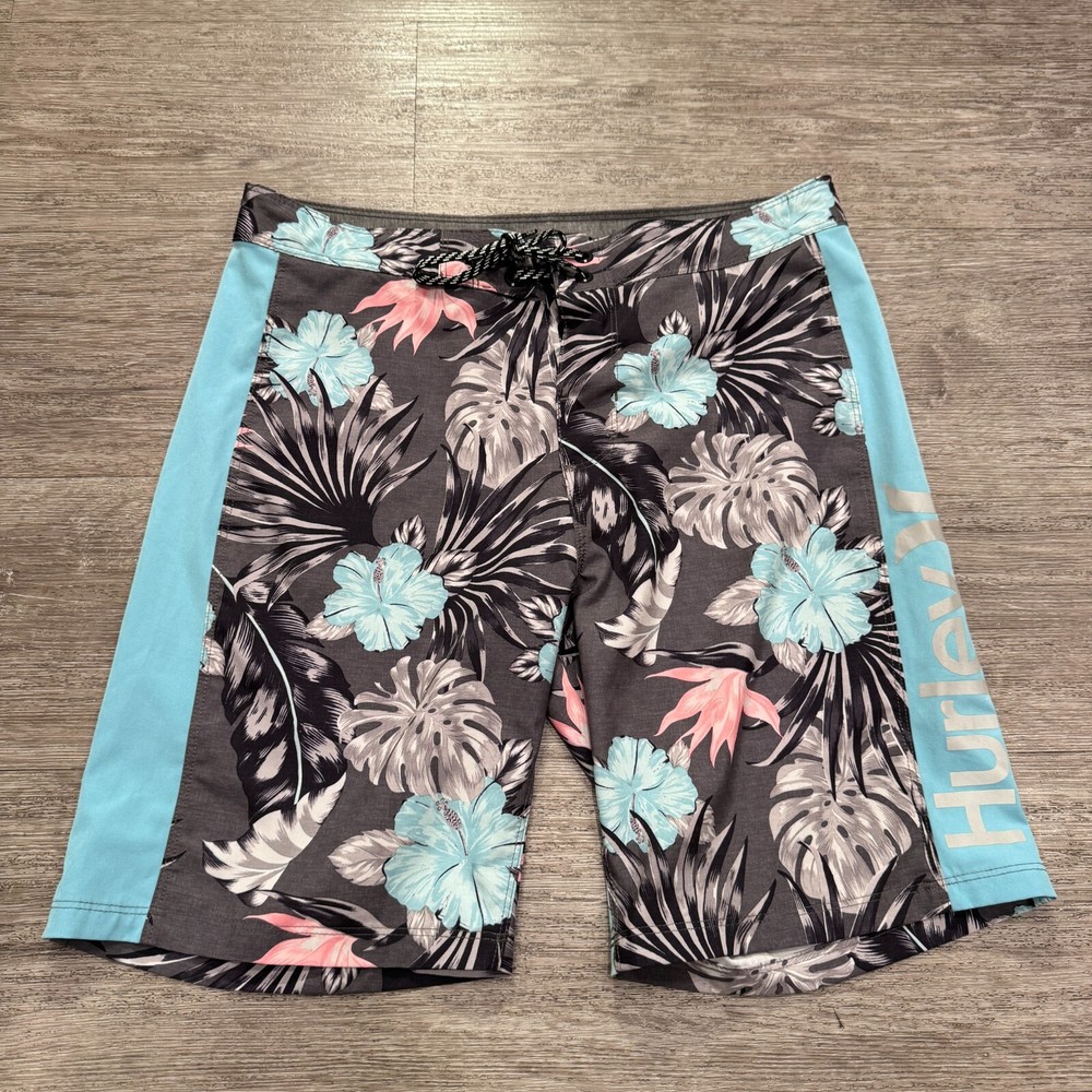 Hurley Board Shorts 32 Mens Blue Floral Swim Trunks Surfing Palm Hawaiian Surfer