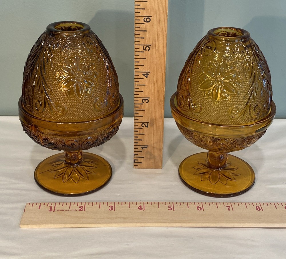 Vintage Fairy Lamp Light Pair Set Indiana Glass Tiara Amber Sandwich Pattern 2