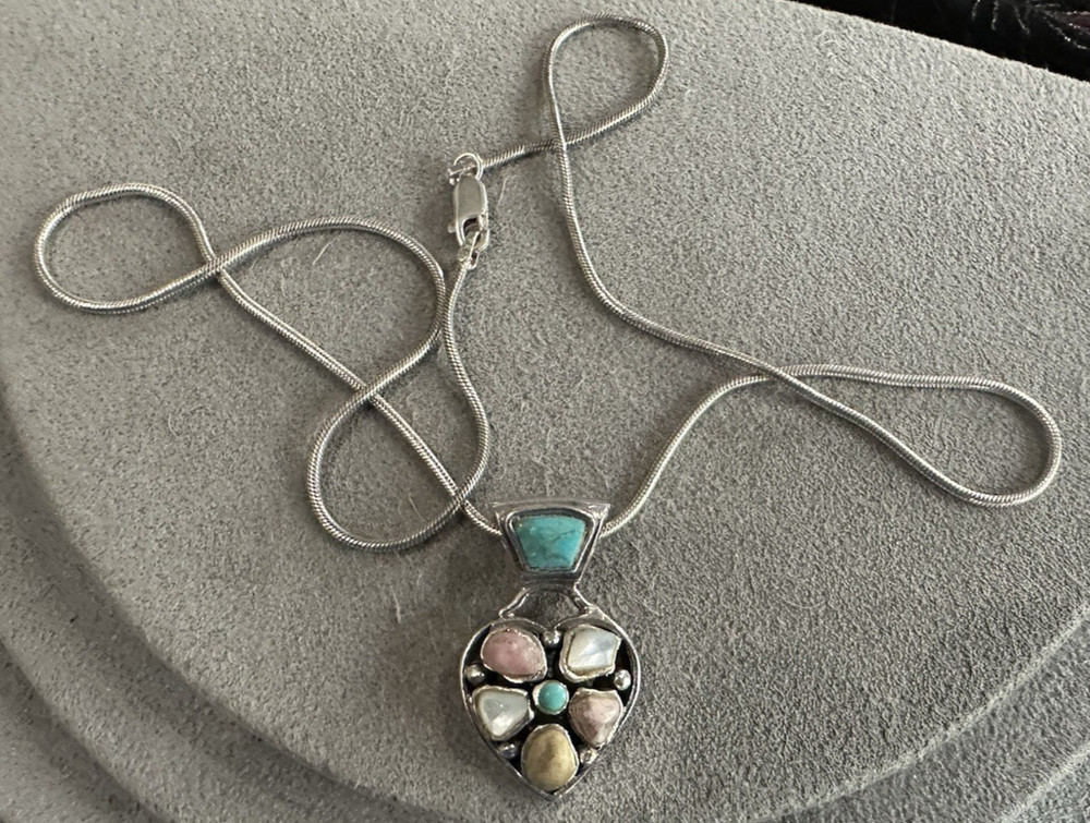 Vintage Barse Sterling Silver Multi Gemstone Heart Pendant Necklace 20