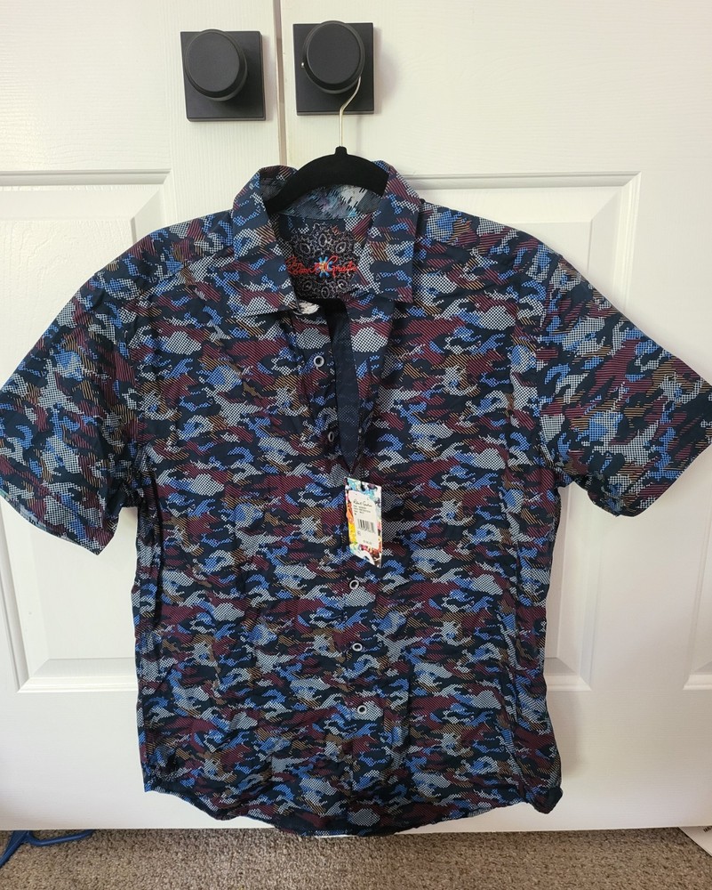 NWT Robert Graham Men's M Multicolor Button-Up BARBERRY Classic Fit Short Sleeve