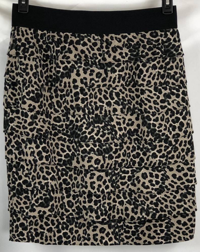Alfani straight skirt 14 Leopard layered ruffles elastic panel 32”W Knee Length
