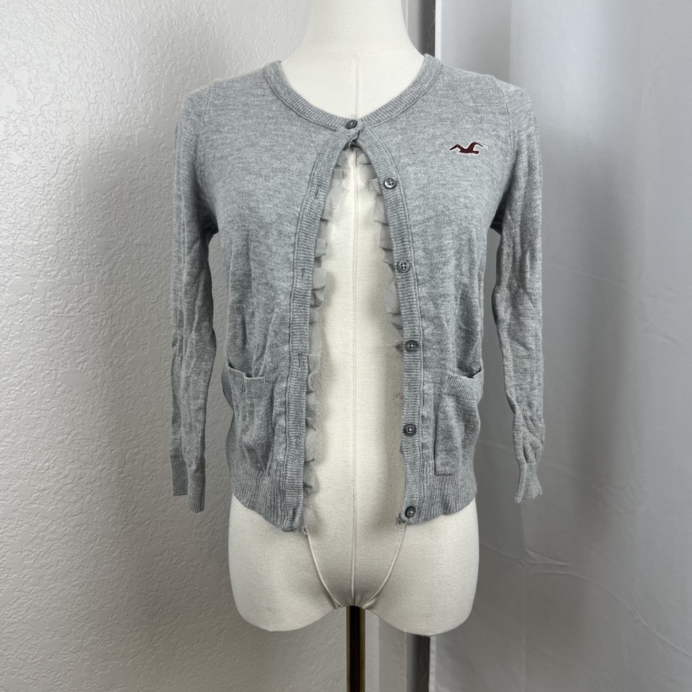 Y2K Hollister Sweater Womens Medium Gray Crop Cardigan Preppy Layering Ruffle