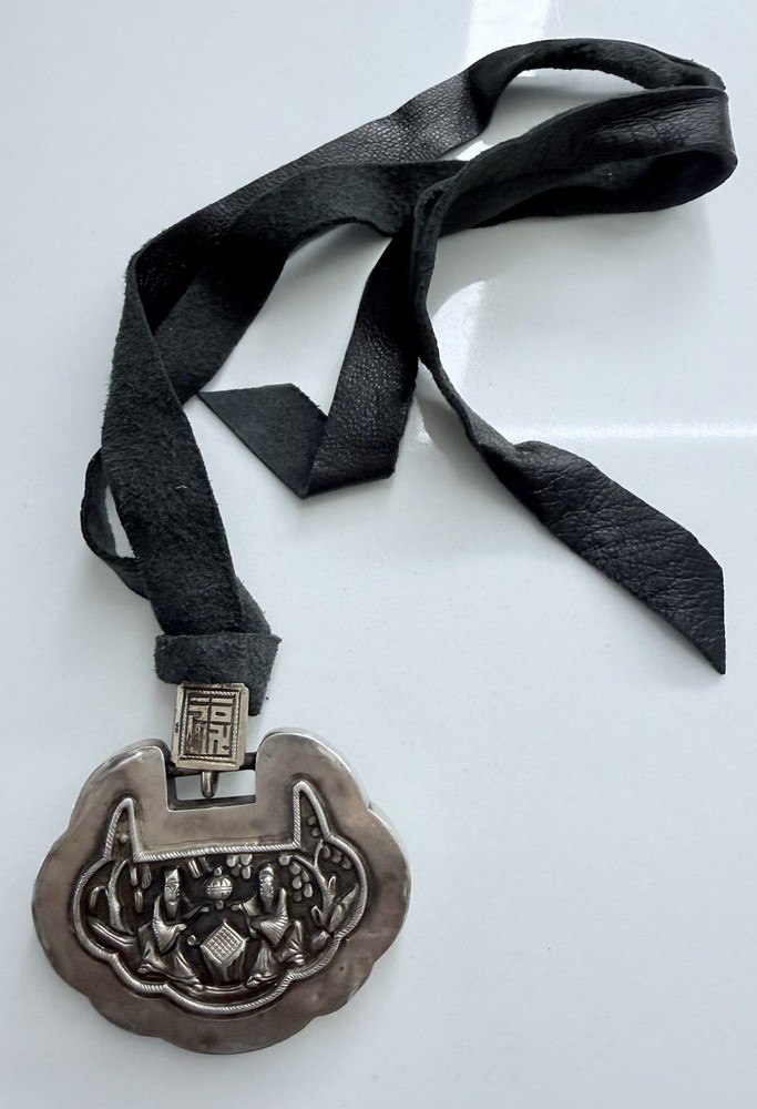 Antique Chinese Spirit Lock Sterling Silver On Leather Strap Necklace